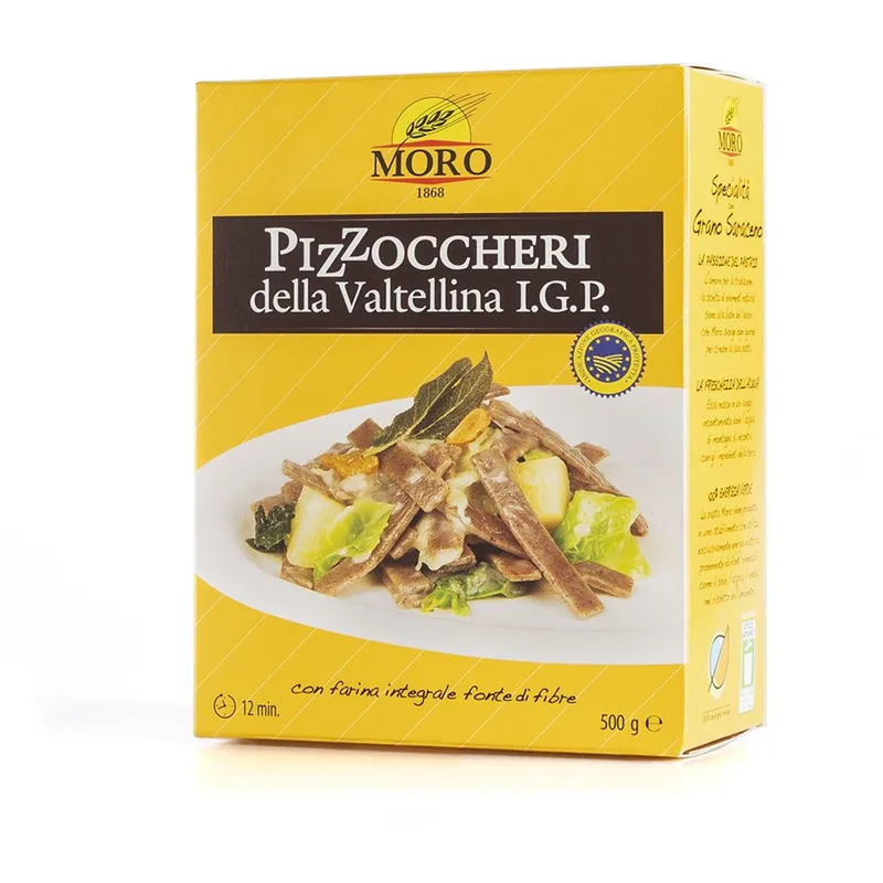 La scatola gialla dei Pizzoccheri della Valtellina I.G.P. MORO, vista di fronte